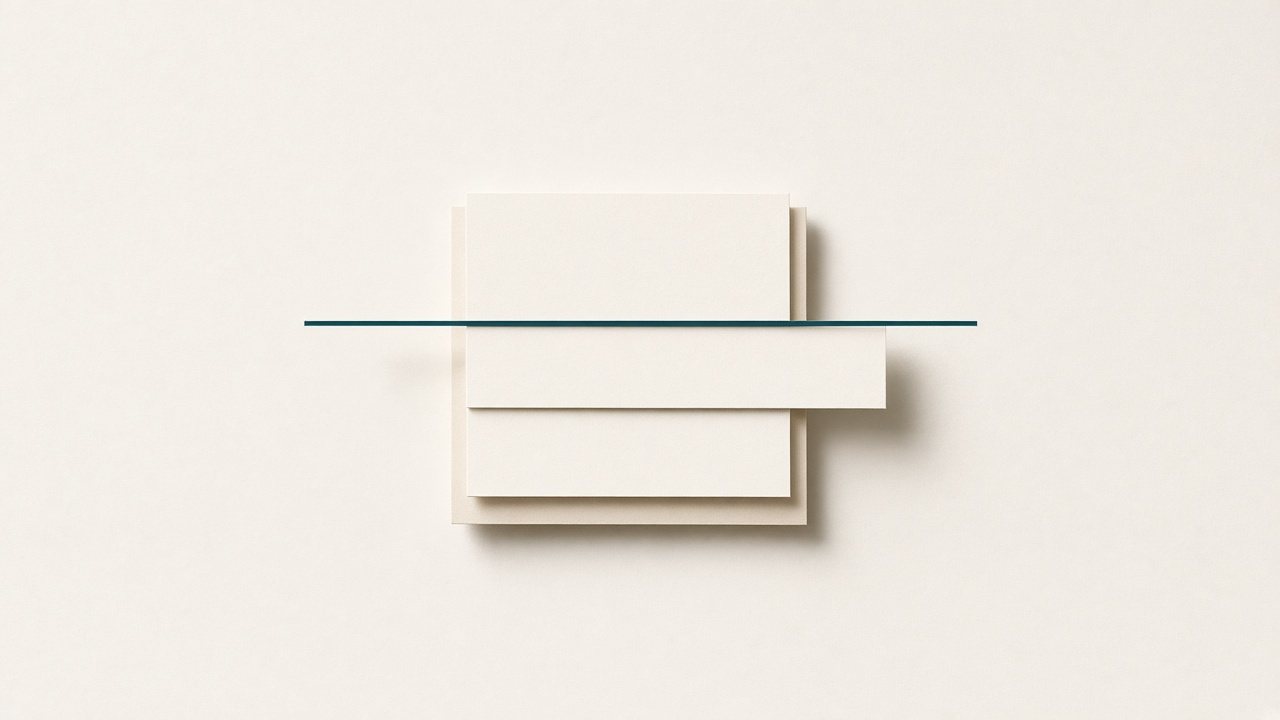 Ein Stapel Off-White-Papier, ein Blatt ist halb herausgezogen; eine petrolfarbene Linie verläuft unverändert über den Stapel